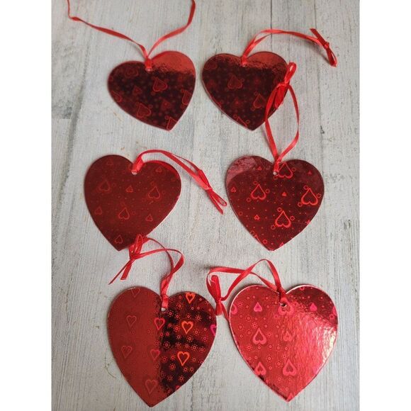 Holographic heart Valentine red set ornament Xmas decor - Picture 5 of 6
